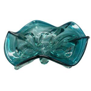 Murano art glass bowl footed Controlled bubble freeform glass turquoise READ